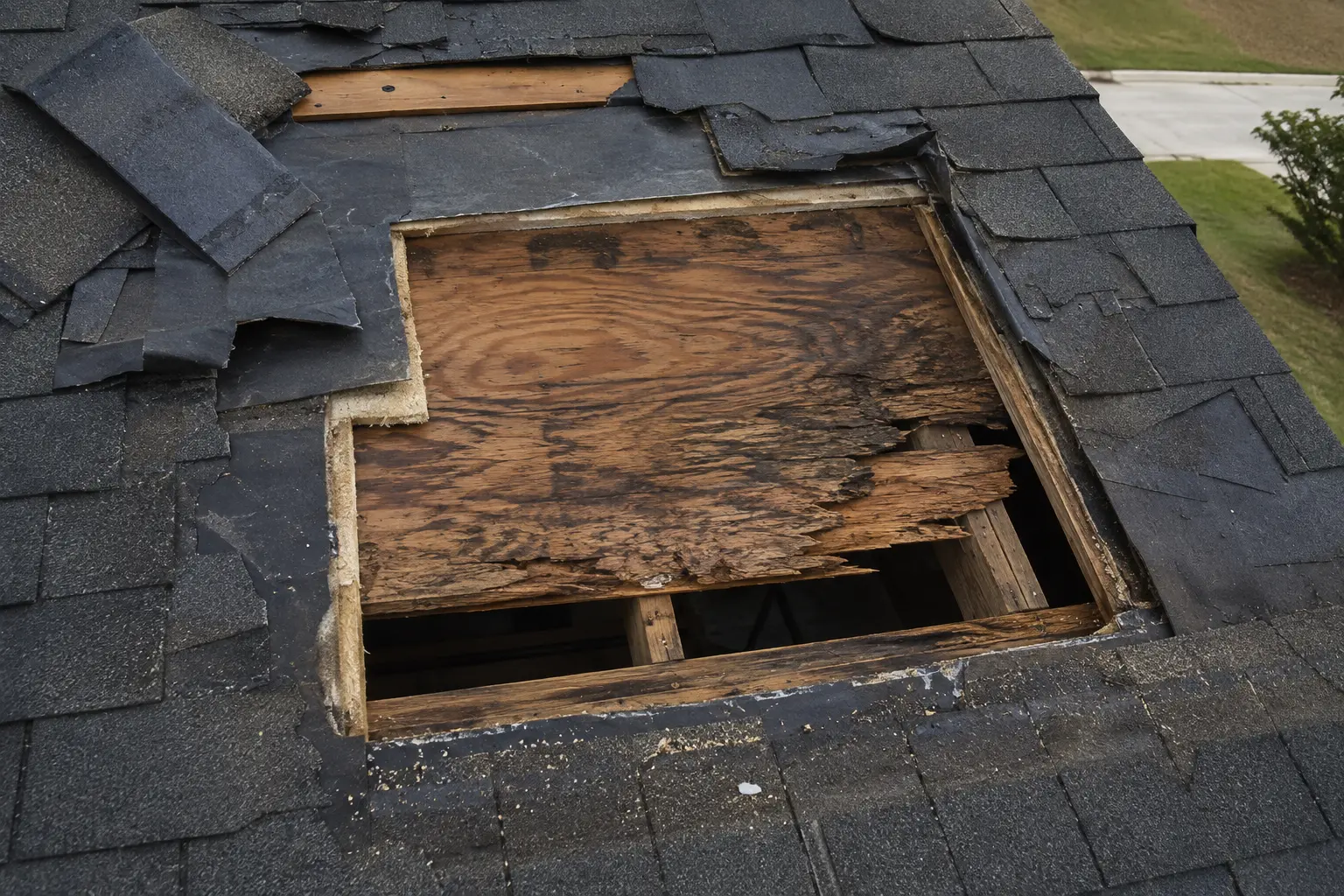 Educational example of an open roof area with deteriorated decking