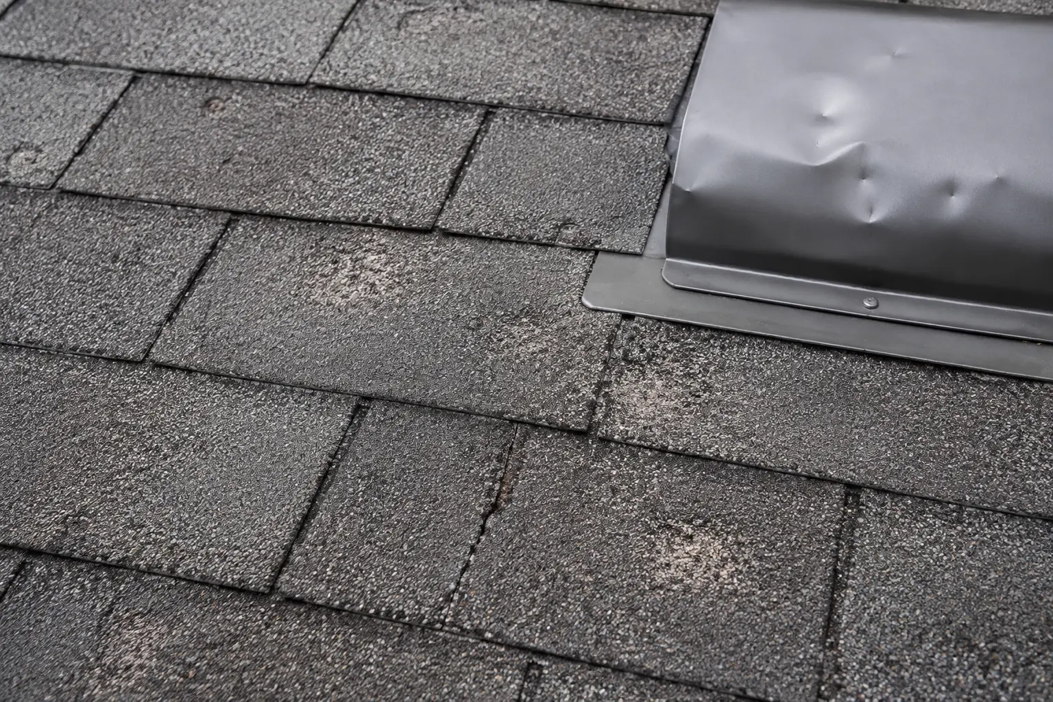 Educational example of hail marks on shingles and dents on a metal roof vent